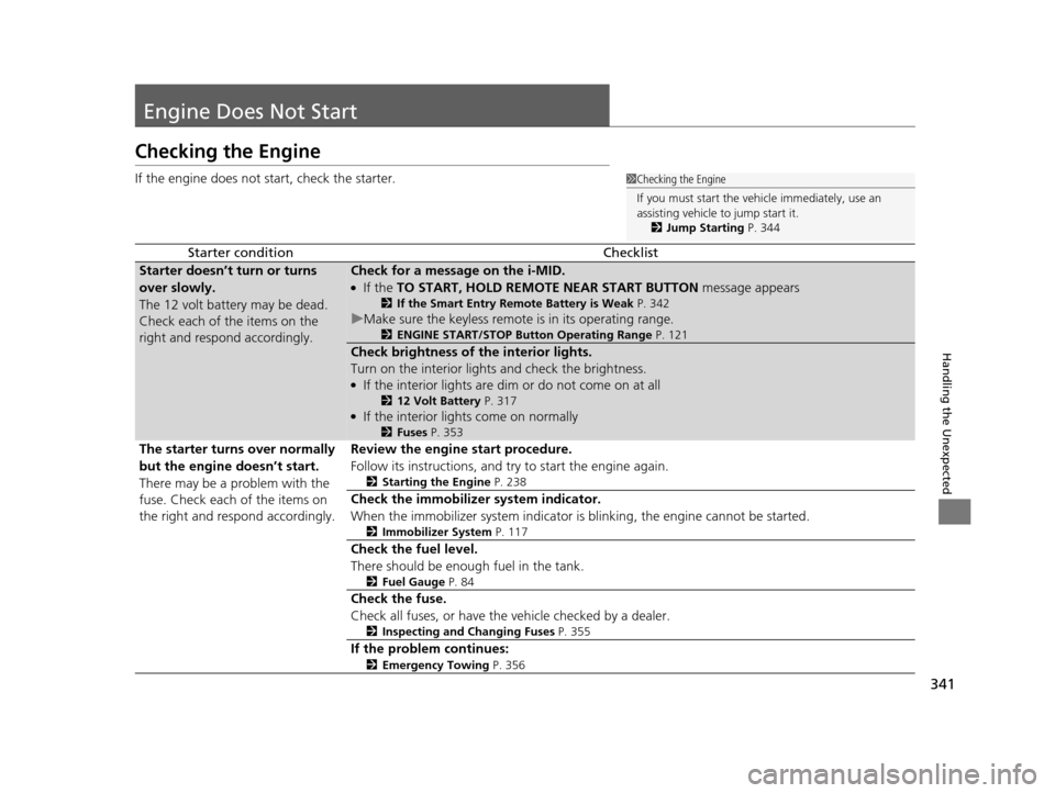 HONDA CIVIC HYBRID 2014 9.G Owners Manual 341
Handling the Unexpected
Engine Does Not Start
Checking the Engine
If the engine does not start, check the starter.
Starter conditionChecklist
Starter doesn’t turn or turns
over slowly.
The 12 v HONDA CIVIC HYBRID 2014 9.G Owners Manual 341
Handling the Unexpected
Engine Does Not Start
Checking the Engine
If the engine does not start, check the starter.
Starter conditionChecklist
Starter doesn’t turn or turns
over slowly.
The 12 v