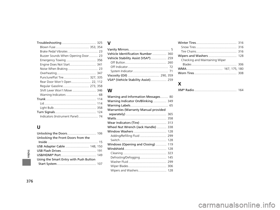 HONDA CIVIC HYBRID 2014 9.G Owners Manual 376
Index
Troubleshooting....................................... 325
Blown Fuse ......................................  353, 354
Brake Pedal Vibrates ..................................  23
Buzzer Soun