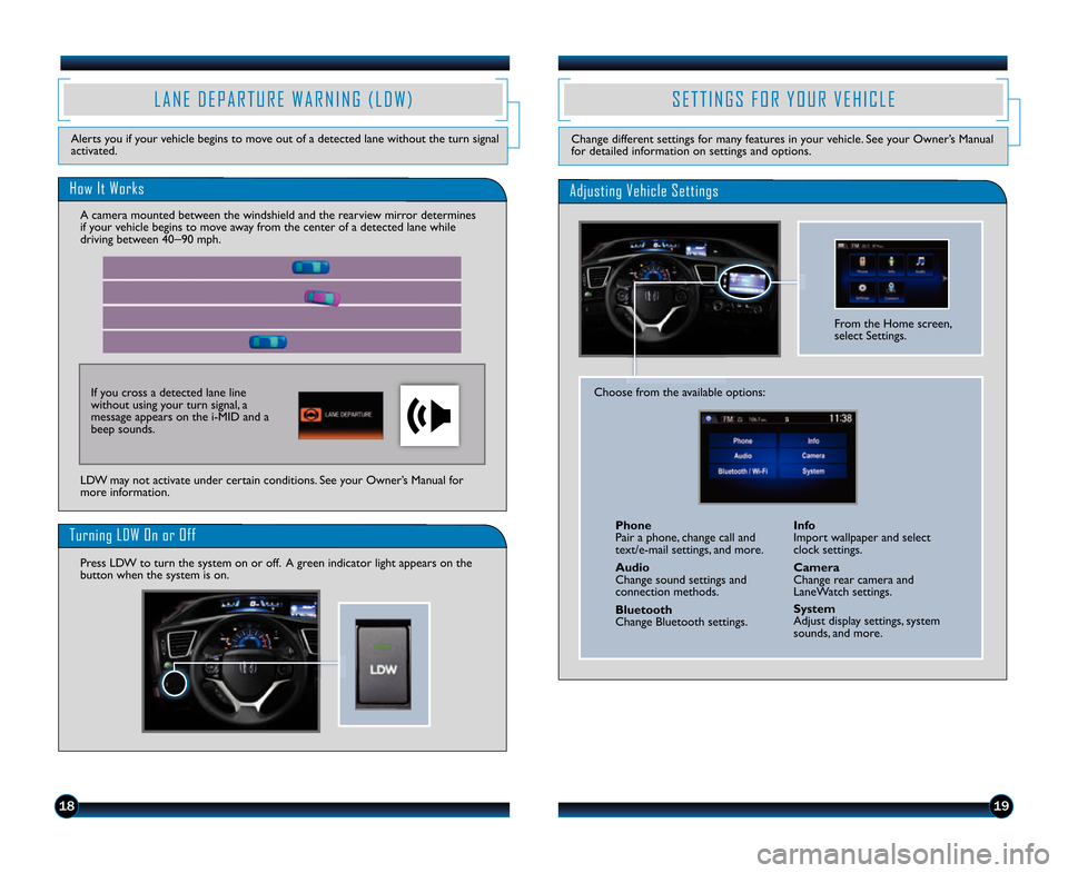 HONDA CIVIC HYBRID 2014 9.G Technology Reference Guide 1\b19
How It Works
Turning LDW On or Off
Press LDW to turn the system on or off.  A green indicator light appears on the
button when the system is on. LDW may not activate under certain conditions. Se