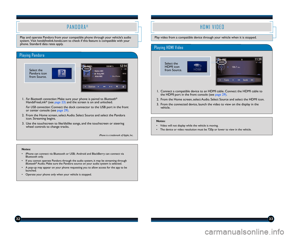 HONDA CIVIC HYBRID 2014 9.G Technology Reference Guide 3233
Play video from a compatible device through your vehicle when it is stopped. 
H D M I   V I D E O
Playing HDMI Video
\f. Connect a compatible device to an HDMI cable. Connect the HDMI cable tothe