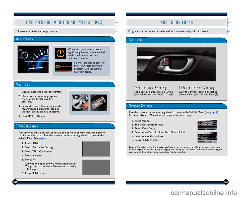 HONDA CIVIC HYBRID 2014 9.G Technology Reference Guide 1213
T I R E   P R E S S U R E   M O N I T O R I N G   S Y S T E M   ( T P M S )
Monitors the vehicle’s tire pressures.
What to Do
\f. Visually inspect the tires for damage. 
2. Use a tire air press