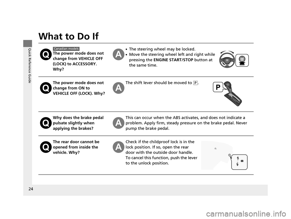 HONDA CIVIC HYBRID 2015 9.G Owners Manual 24
Quick Reference Guide
What to Do If
The power mode does not 
change from VEHICLE OFF 
(LOCK) to ACCESSORY. 
Why?
●The steering wheel may be locked.
●Move the steering wheel left and right while