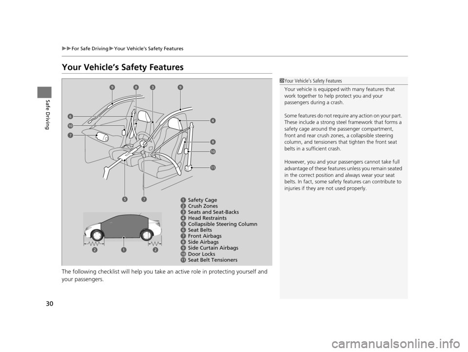 HONDA CIVIC HYBRID 2015 9.G Owners Guide 30
uuFor Safe Driving uYour Vehicle’s Safety Features
Safe Driving
Your Vehicle’s Safety Features
The following checklist will help you take an active role in protecting yourself and
your passen HONDA CIVIC HYBRID 2015 9.G Owners Guide 30
uuFor Safe Driving uYour Vehicle’s Safety Features
Safe Driving
Your Vehicle’s Safety Features
The following checklist will help you take an active role in protecting yourself and
your passen