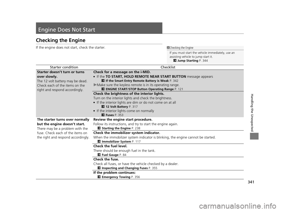 HONDA CIVIC HYBRID 2015 9.G Owners Manual 341
Handling the Unexpected
Engine Does Not Start
Checking the Engine
If the engine does not start, check the starter.
Starter conditionChecklist
Starter doesn’t turn or turns
over slowly.
The 12 v HONDA CIVIC HYBRID 2015 9.G Owners Manual 341
Handling the Unexpected
Engine Does Not Start
Checking the Engine
If the engine does not start, check the starter.
Starter conditionChecklist
Starter doesn’t turn or turns
over slowly.
The 12 v