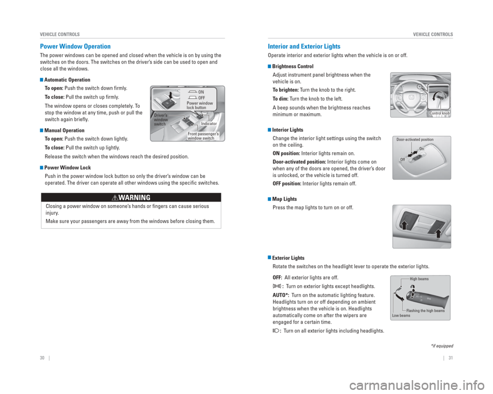 HONDA CIVIC HYBRID 2015 9.G Quick Guide 30    ||    31
       VEHICLE CONTROLS
VEHICLE CONTROLS
  Power   Window  Operation
The power windows can be opened and closed when the vehicle is on by usi\
ng the 
switches on the doors. The switche