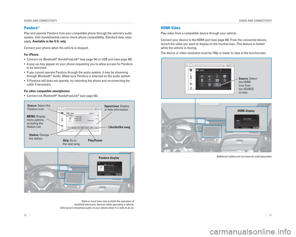 HONDA CIVIC HYBRID 2015 9.G Quick Guide 50    ||    51
       AUDIO AND CONNECTIVITY
AUDIO AND CONNECTIVITY
  Pandora®
Play and operate Pandora from your compatible phone through the vehicle’\
s audio 
system. Visit handsfreelink.com to 