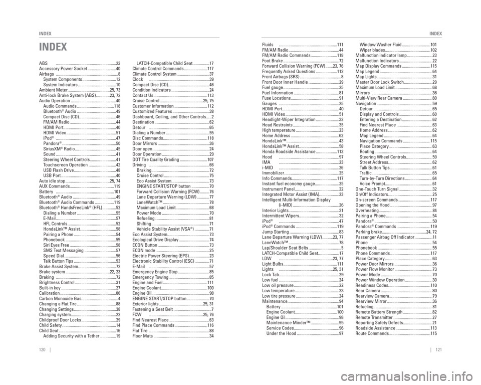 HONDA CIVIC HYBRID 2015 9.G Quick Guide 120    ||    121
       INDEX
INDEX
INDEX
ABS  .........................................................23
Accessory Power Socket ...........................40
Airbags  ...............................