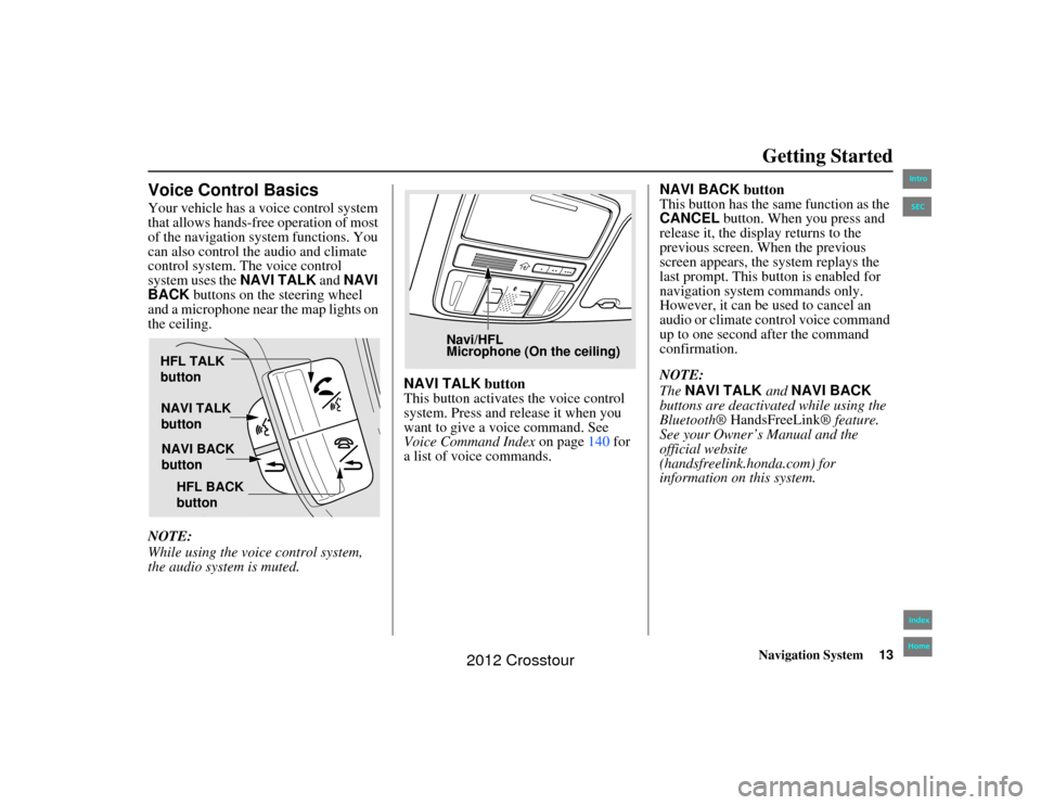 HONDA CROSSTOUR 2012 1.G Navigation Manual Navigation System13
2NX_Accord Crosstour  31TP6800
Getting Started
Voice Control BasicsYour vehicle has a voice control system 
that allows hands-free operation of most 
of the navigation system funct