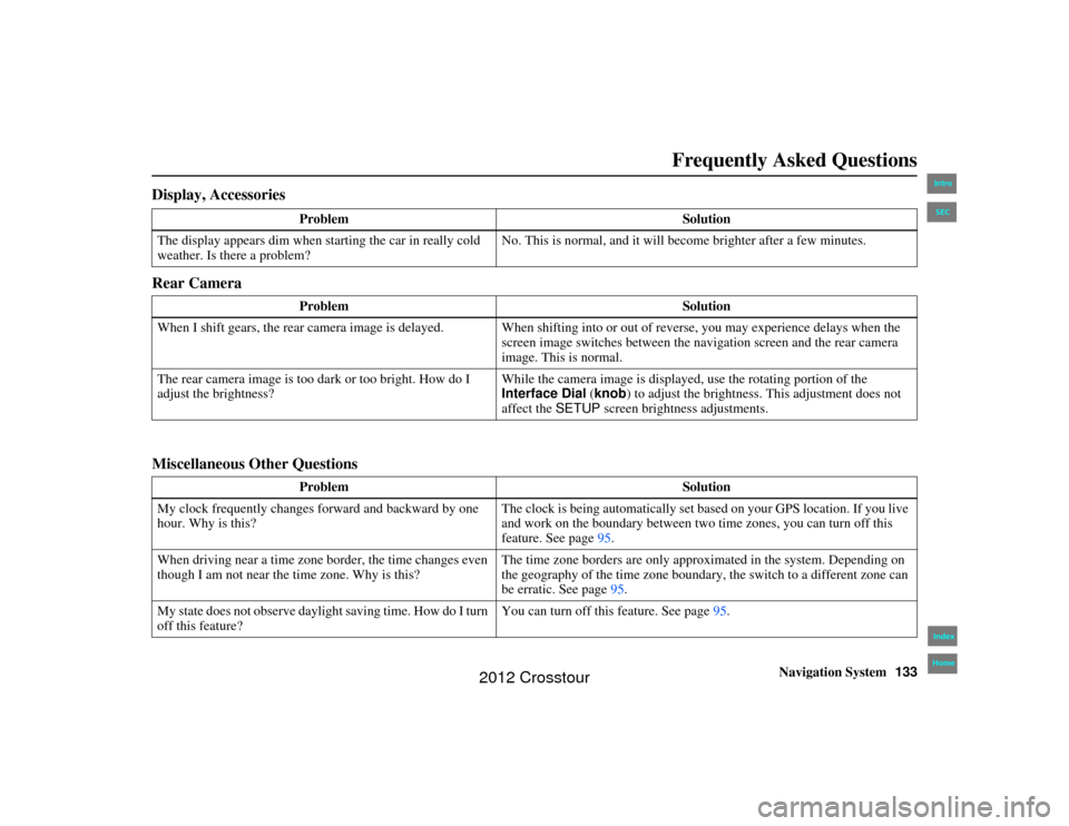 HONDA CROSSTOUR 2012 1.G Navigation Manual Navigation System133
2NX_Accord Crosstour  31TP6800
Frequently Asked Questions
Display, Accessories
Rear Camera
Miscellaneous Other Questions
Problem Solution
The display appears dim when st arting th