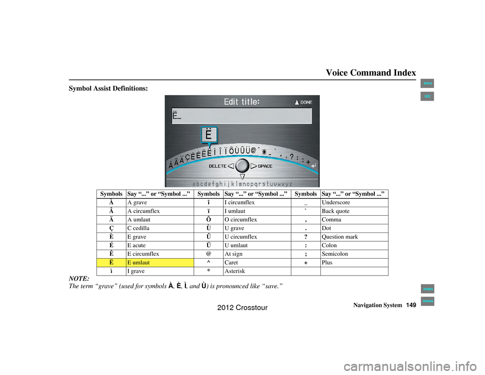 HONDA CROSSTOUR 2012 1.G Navigation Manual Navigation System149
2NX_Accord Crosstour 31TP6800
Voice Command Index
Symbol Assist Definitions:NOTE:
The term “grave” (used for symbols À, È, Ì, and Ù) is pronounced like “save.”
Symb HONDA CROSSTOUR 2012 1.G Navigation Manual Navigation System149
2NX_Accord Crosstour 31TP6800
Voice Command Index
Symbol Assist Definitions:NOTE:
The term “grave” (used for symbols À, È, Ì, and Ù) is pronounced like “save.”
Symb