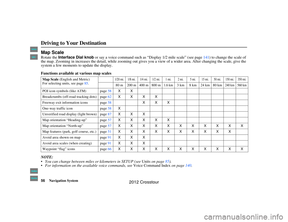HONDA CROSSTOUR 2012 1.G Navigation Manual 56
Navigation System
2NX_Accord Crosstour  31TP6800
Map ScaleRotate the Interface Dial knob or say a voice command such as “Display 1/2 mile scale” (see page 141) to change the scale of 
the map. 