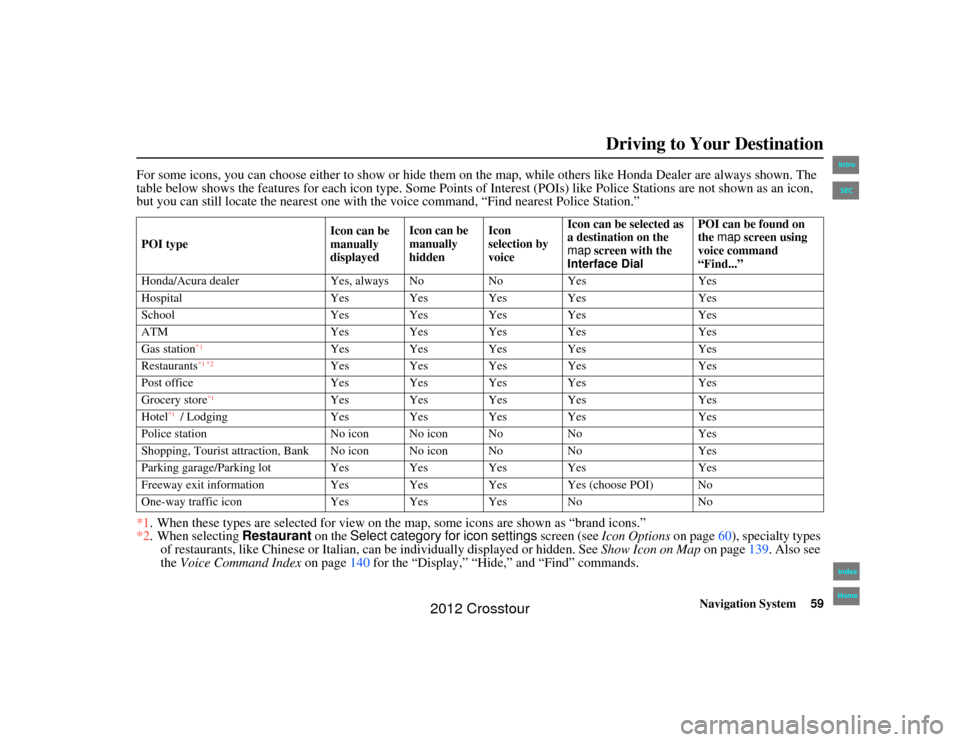 HONDA CROSSTOUR 2012 1.G Navigation Manual Navigation System59
2NX_Accord Crosstour  31TP6800Driving to Your Destination
For some icons, you can choose either to show or hide them on the map, while others like Honda Dealer are always shown. Th