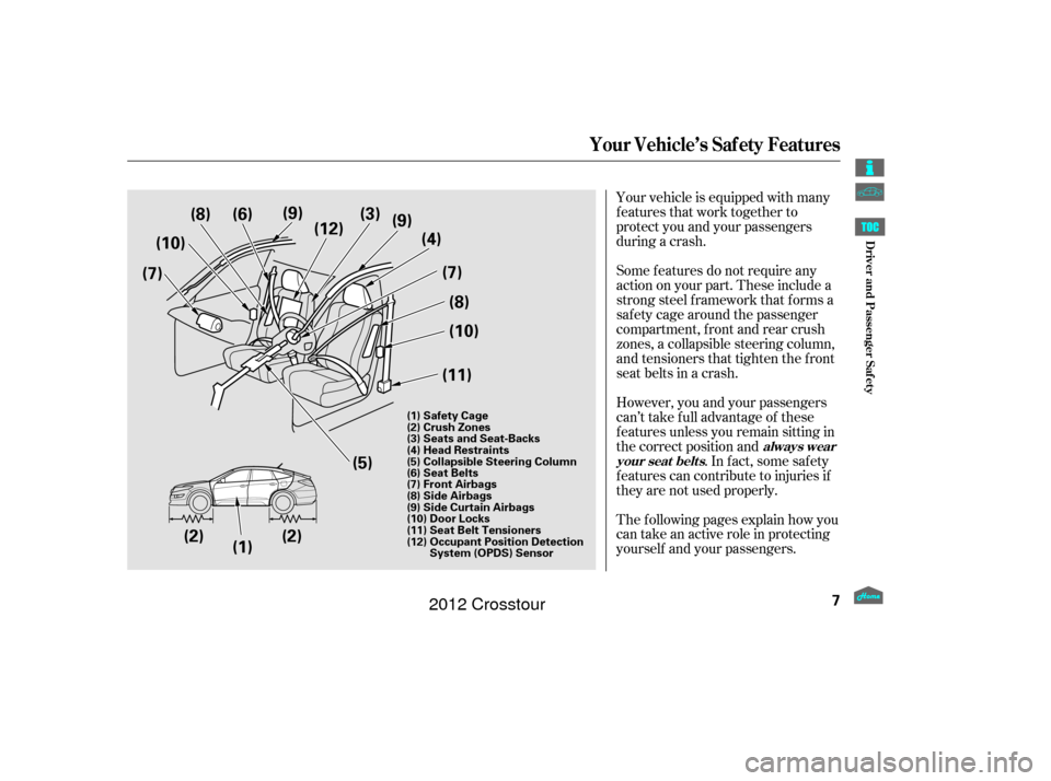 HONDA CROSSTOUR 2012 1.G Owners Manual Your vehicle is equipped with many
features that work together to
protect you and your passengers
during a crash.
The f ollowing pages explain how you
cantakeanactiveroleinprotecting
yourself and your