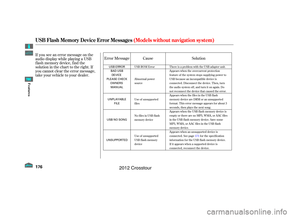 HONDA CROSSTOUR 2012 1.G Owners Manual If you see an error message on the
audio display while playing a USB
f lash memory device, f ind the
solution in the chart to the right. If
you cannot clear the error message,
take your vehicle to you