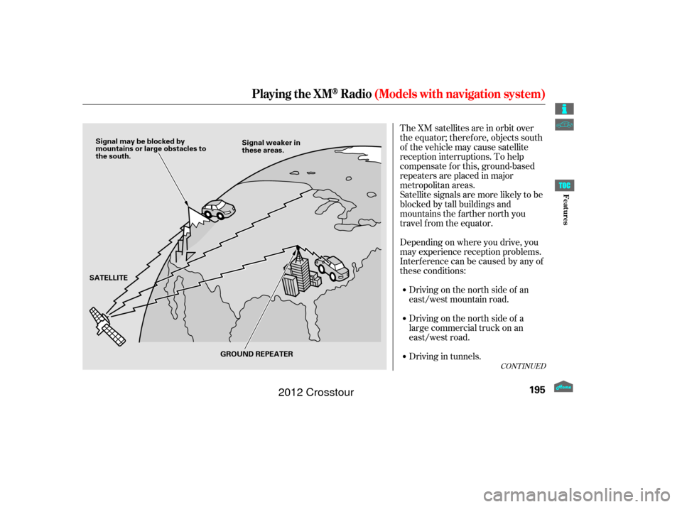 HONDA CROSSTOUR 2012 1.G Owners Manual The XM satellites are in orbit over
the equator; therefore, objects south
of the vehicle may cause satellite
reception interruptions. To help
compensate f or this, ground-based
repeaters are placed in