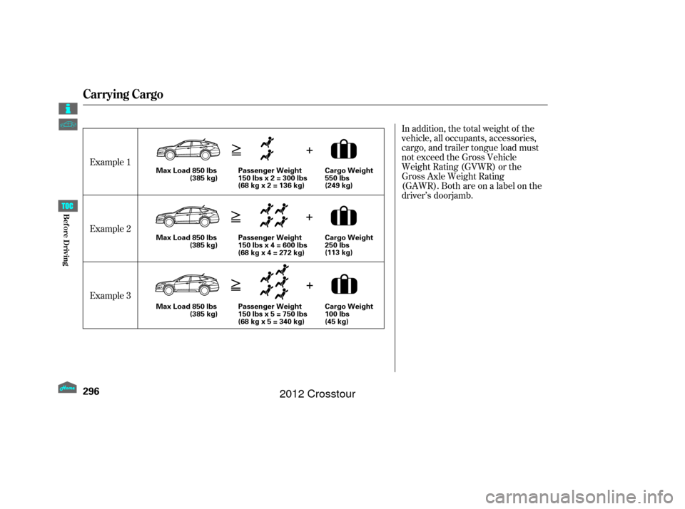 HONDA CROSSTOUR 2012 1.G Owners Manual In addition, the total weight of the
vehicle, all occupants, accessories,
cargo, and trailer tongue load must
not exceed the Gross Vehicle
Weight Rating (GVWR) or the
Gross Axle Weight Rating  
(GAWR)