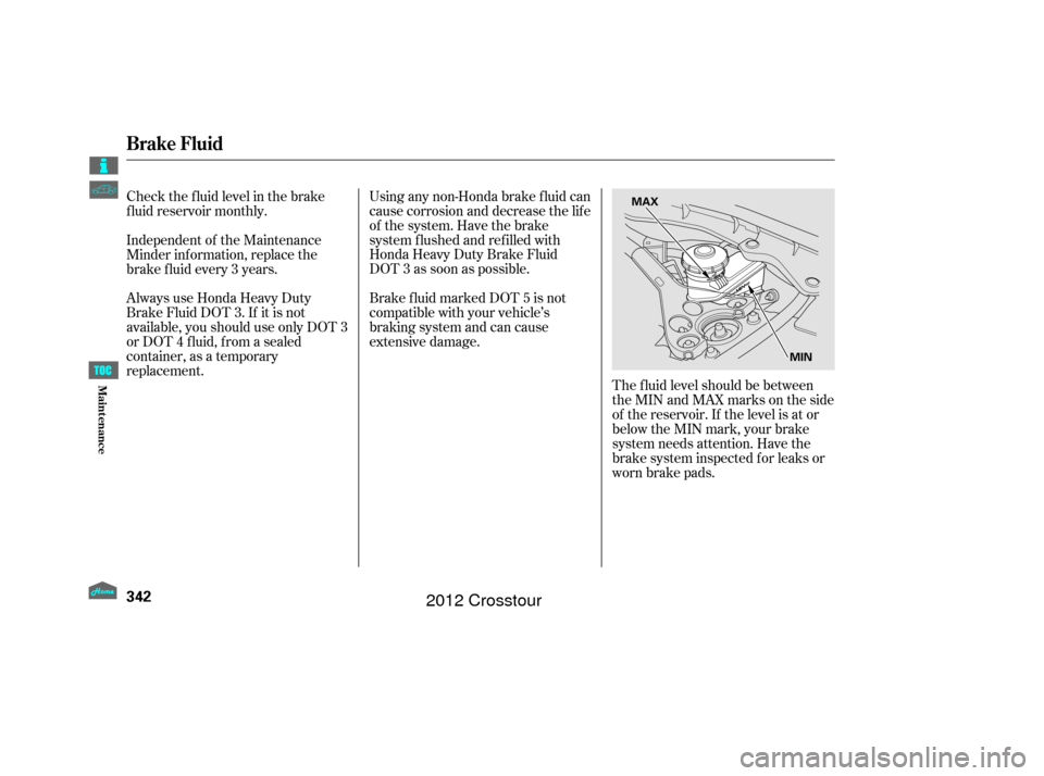 HONDA CROSSTOUR 2012 1.G Owners Manual The f luid level should be between
theMINandMAXmarksontheside
of the reservoir. If the level is at or
below the MIN mark, your brake
system needs attention. Have the
brake system inspected f or leaks 