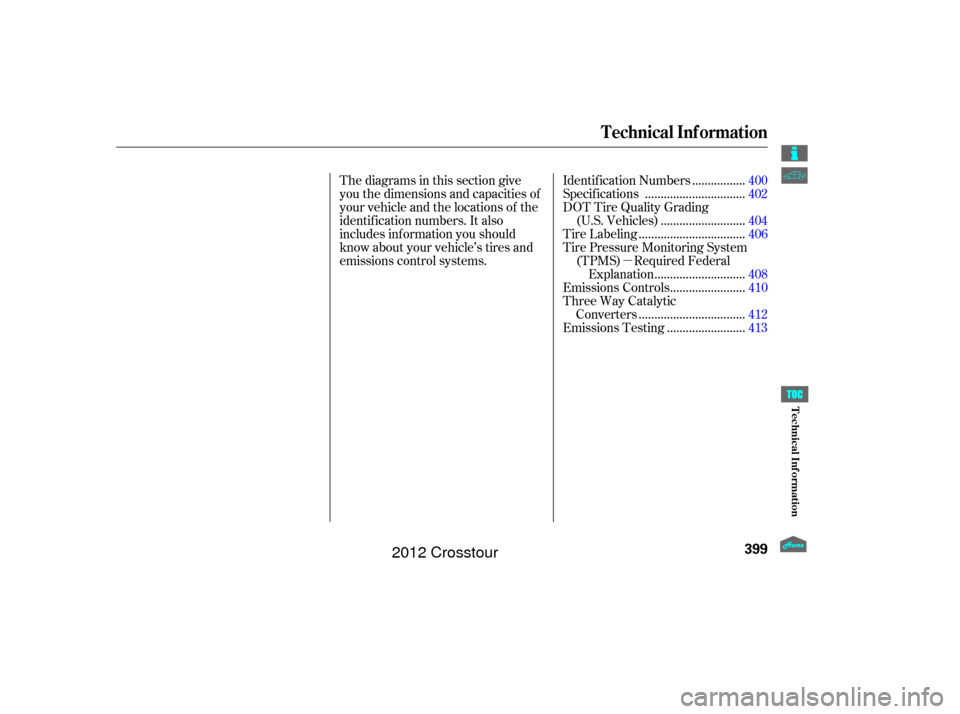 HONDA CROSSTOUR 2012 1.G Owners Manual µ
Thediagramsinthissectiongive
you the dimensions and capacities of
your vehicle and the locations of the
identif ication numbers. It also
includes inf ormation you should
know about your vehicle’