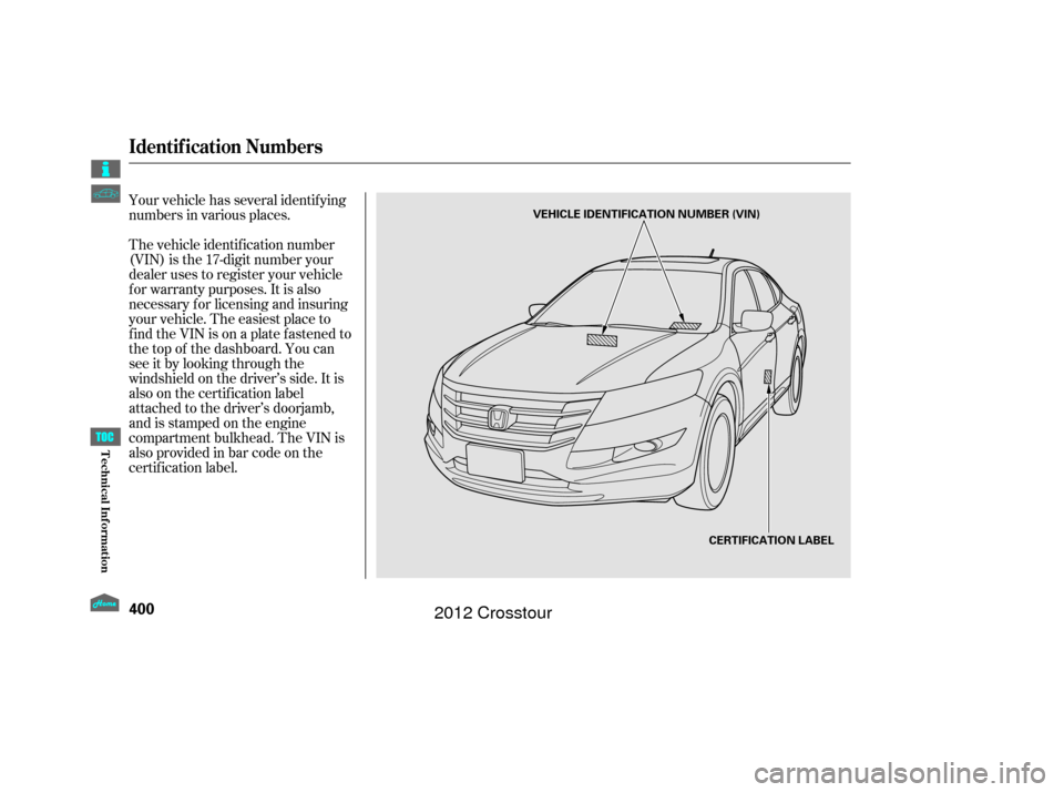 HONDA CROSSTOUR 2012 1.G Owners Manual Your vehicle has several identif ying
numbers in various places.
The vehicle identif ication number
(VIN) is the 17-digit number your
dealer uses to register your vehicle
f or warranty purposes. It is