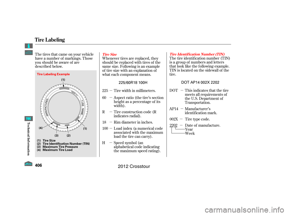 HONDA CROSSTOUR 2012 1.G Owners Manual µ
µ
µ
µ
µ
µ µ
µ
The tires that came on your vehicle
have a number of markings. Those
you should be aware of are
described below.
Whenever tires are replaced, they
should be replaced wi