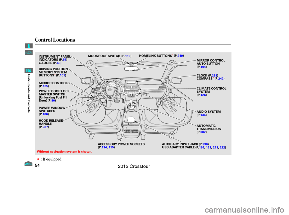 HONDA CROSSTOUR 2012 1.G Owners Manual Î
Î
Î Î
If equipped
:
Control L ocations
54
(P.55)
(P.63)
ACCESSORY POWER SOCKETS
MOONROOF SWITCH
INSTRUMENT PANEL
INDICATORS
GAUGES
MIRROR CONTROLS
POWER WINDOW
SWITCHES HOOD RELEASE
HANDLE C