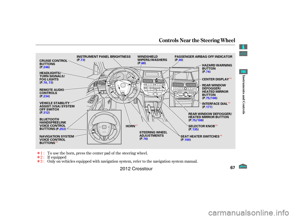 HONDA CROSSTOUR 2012 1.G Manual PDF ÎÎ
Î ÎÎÎ
Î
Î
Î
If equipped
Only on vehicles equipped with navigation system, ref er to the navigation system manual. To use the horn, press the center pad of the steering wheel.
1:
2