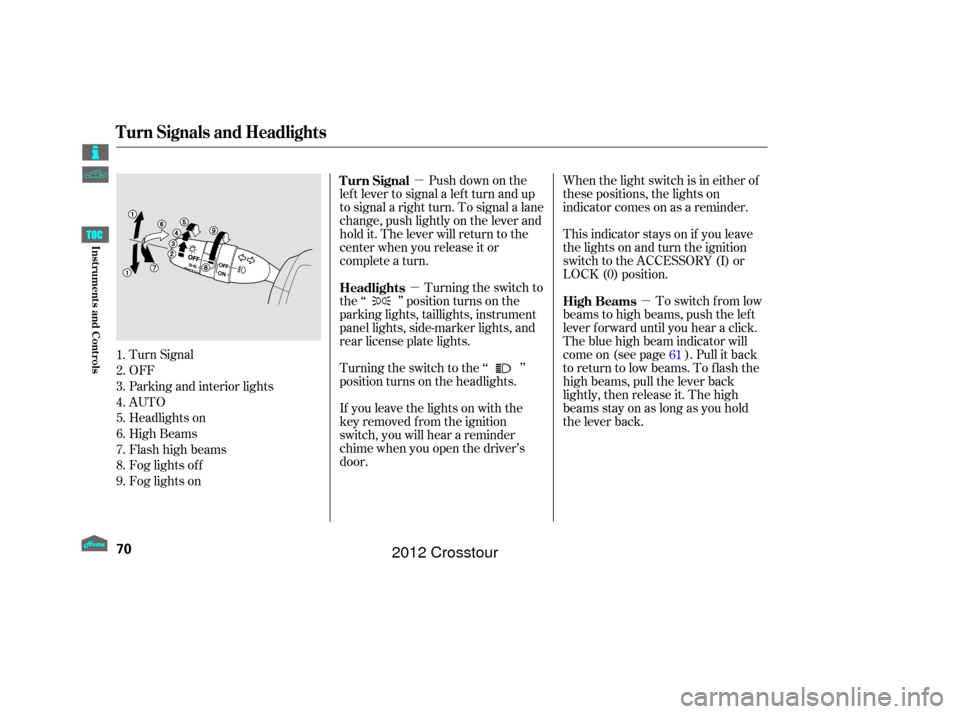 HONDA CROSSTOUR 2012 1.G Owners Manual µµ
µ Push down on the
lef t lever to signal a lef t turn and up
to signal a right turn. To signal a lane
change, push lightly on the lever and
hold it. The lever will return to the
center when y