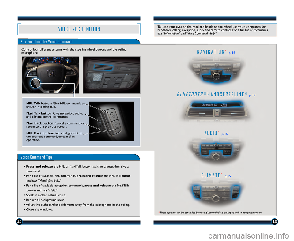 HONDA CROSSTOUR 2012 1.G Technology Reference Guide B L U E T O O T H®H A N D S F R E E L I N K®p. \f8
A U D I O*p. \f5
C L I M A T E*p.\f5
N A V I G A T I O N*p .\f6
V O I C E R E C O G N I T I O NTo keep your eyes on the road and hands on the wheel