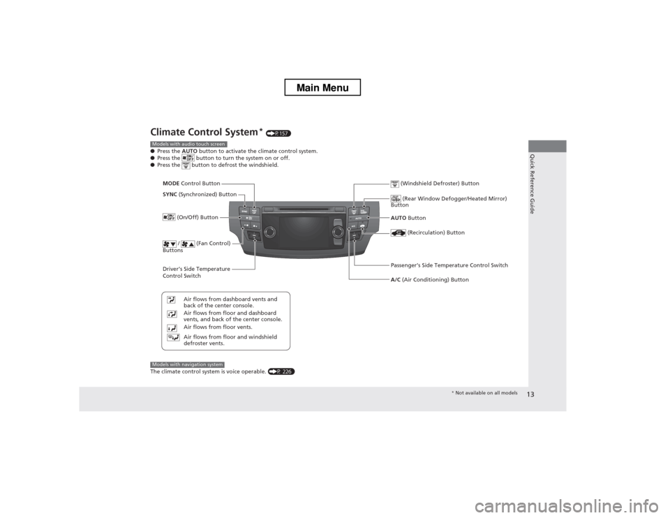 HONDA CROSSTOUR 2013 1.G User Guide 13
Quick Reference Guide
Climate Control System*
 (P157)
● Press the  AUTO button to activate the climate control system.
● Press the   button to turn the system on or off.
● Press the   button 