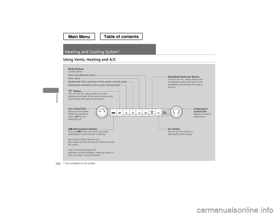 HONDA CROSSTOUR 2013 1.G Owners Manual 154
Controls
Heating and Cooling System*
Using Vents, Heating and A/C
Mode Buttons 
Change airflow. 
Floor and defroster vents 
Floor vents 
Dashboard, floor and back of the center console vents 
Dash