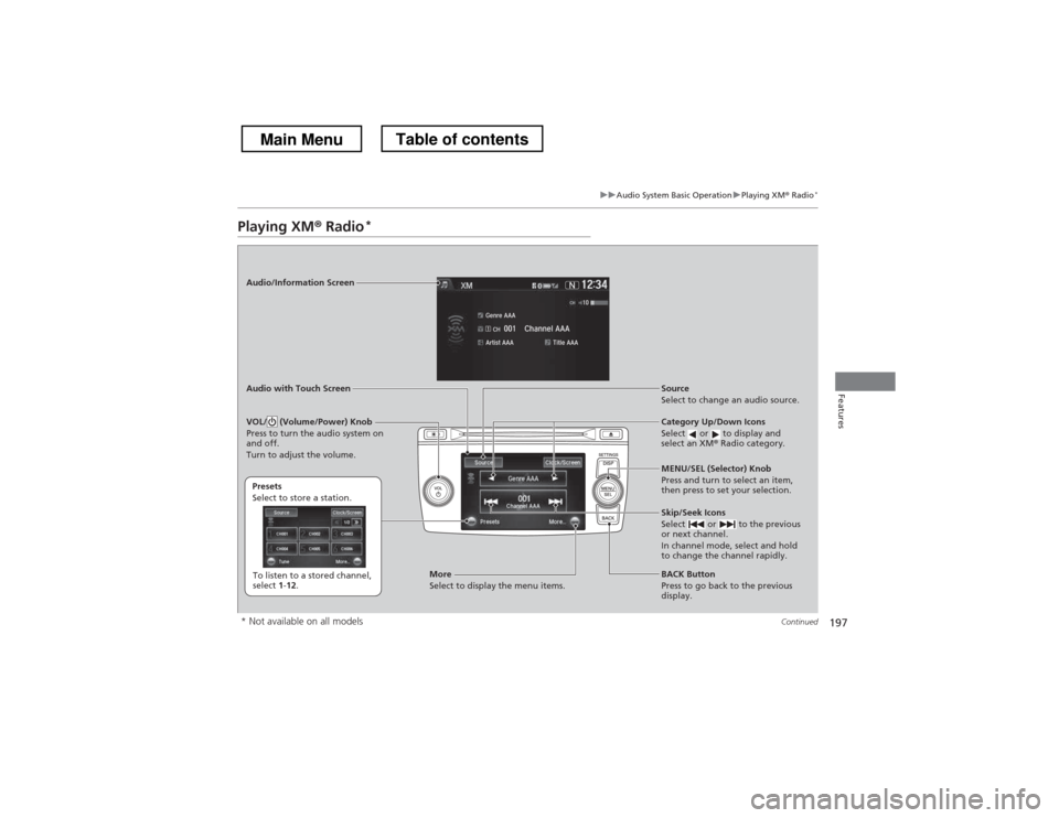 HONDA CROSSTOUR 2013 1.G Owners Manual 197
uuAudio System Basic OperationuPlaying XM® Radio *
Continued
Features
Playing XM
® Radio *
Audio/Information Screen
Audio with Touch Screen
Category Up/Down Icons
Select or to display and HONDA CROSSTOUR 2013 1.G Owners Manual 197
uuAudio System Basic OperationuPlaying XM® Radio *
Continued
Features
Playing XM
® Radio *
Audio/Information Screen
Audio with Touch Screen
Category Up/Down Icons
Select or to display and