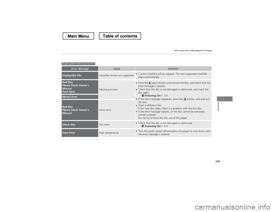 HONDA CROSSTOUR 2013 1.G Owners Manual 269
uuAudio Error MessagesuCD Player
Features
Error MessageCauseSolution
Unplayable FileTrack/file format not supported●Current track/file will be skipped. The next supported track/file plays autom HONDA CROSSTOUR 2013 1.G Owners Manual 269
uuAudio Error MessagesuCD Player
Features
Error MessageCauseSolution
Unplayable FileTrack/file format not supported●Current track/file will be skipped. The next supported track/file plays autom