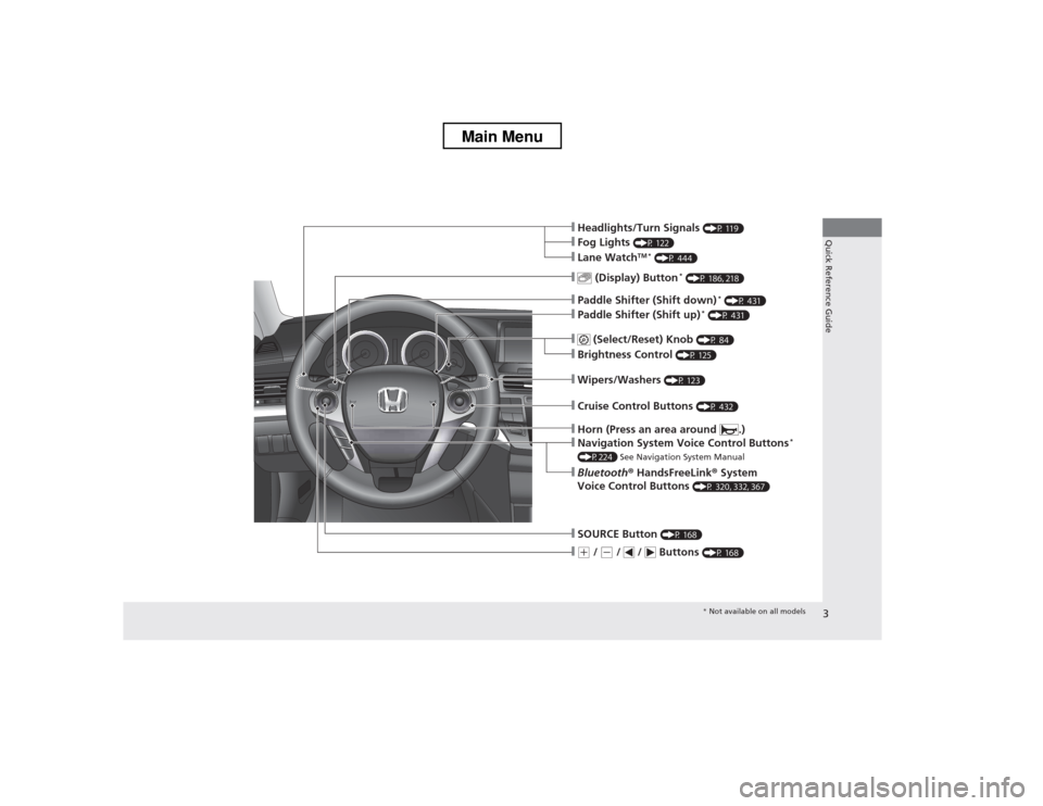 HONDA CROSSTOUR 2013 1.G Owners Manual 3
Quick Reference Guide
❙Wipers/Washers (P 123)
❙Navigation System Voice Control Buttons *
(P224) See Navigation System Manual
❙(+ / (- / / Buttons (P 168)
❙SOURCE Button (P 168)
❙ ( HONDA CROSSTOUR 2013 1.G Owners Manual 3
Quick Reference Guide
❙Wipers/Washers (P 123)
❙Navigation System Voice Control Buttons *
(P224) See Navigation System Manual
❙(+ / (- / / Buttons (P 168)
❙SOURCE Button (P 168)
❙ (