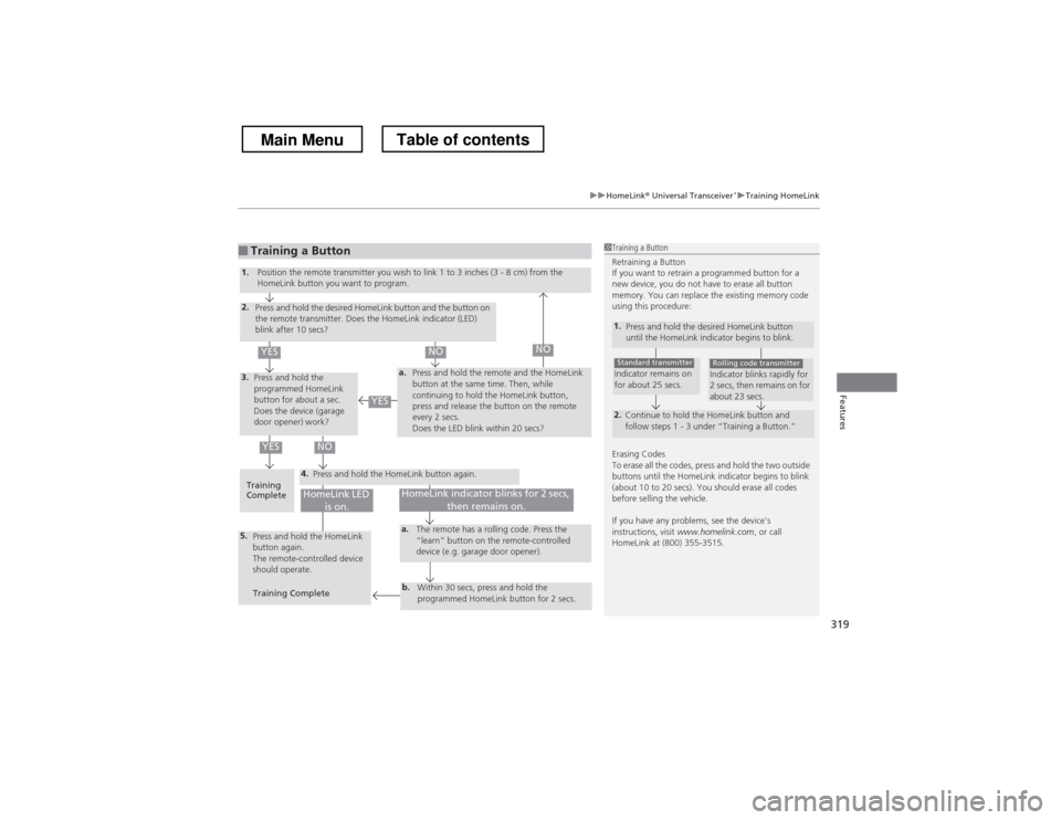 HONDA CROSSTOUR 2013 1.G Owners Manual 319
uuHomeLink® Universal Transceiver *uTraining HomeLink
Features
■Training a Button1Training a Button 
Retraining a Button 
If you want to retrain a programmed button for a  
new device, you do n