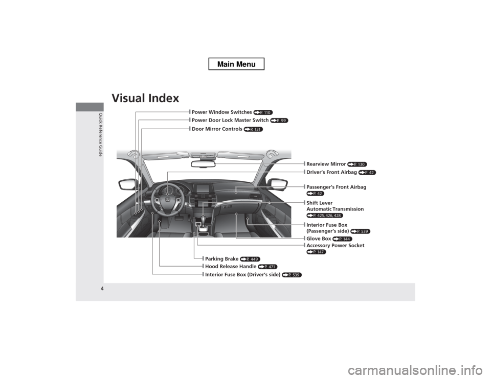 HONDA CROSSTOUR 2013 1.G Owners Manual Visual Index
4
Quick Reference Guide
❙Power Door Lock Master Switch  (P 99)
❙Power Window Switches (P 110)
❙Rearview Mirror (P 130)
❙Hood Release Handle  (P 471)
❙Shift Lever Automatic Trans