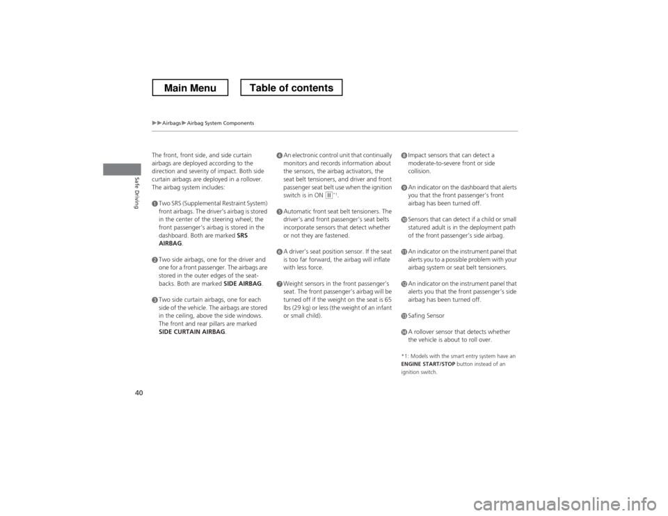 HONDA CROSSTOUR 2013 1.G Owners Manual 40
uuAirbagsuAirbag System Components
Safe Driving
The front, front side, and side curtain  
airbags are deployed according to the  
direction and severity of impact. Both side  
curtain airbags are d