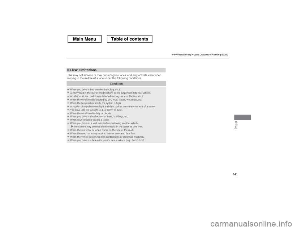 HONDA CROSSTOUR 2013 1.G Owners Manual 441
uuWhen DrivinguLane Departure Warning (LDW)*
Driving
LDW may not activate or may not recognize lanes, and may activate even when
keeping in the middle of a lane under the following conditions.
HONDA CROSSTOUR 2013 1.G Owners Manual 441
uuWhen DrivinguLane Departure Warning (LDW)*
Driving
LDW may not activate or may not recognize lanes, and may activate even when
keeping in the middle of a lane under the following conditions.