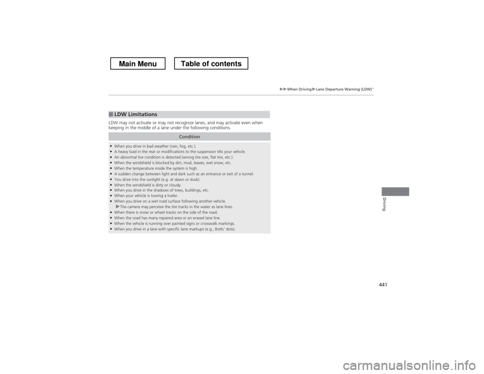 HONDA CROSSTOUR 2013 1.G Owners Manual 441
uuWhen DrivinguLane Departure Warning (LDW)*
Driving
LDW may not activate or may not recognize lanes, and may activate even when  
keeping in the middle of a lane under the following conditions.
�