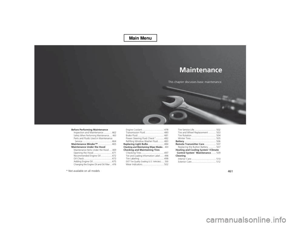 HONDA CROSSTOUR 2013 1.G Owners Manual 461
Maintenance
This chapter discusses basic maintenance.
Before Performing Maintenance Inspection and Maintenance ............ 462
Safety When Performing Maintenance..... 463Parts and Fluids Used in 