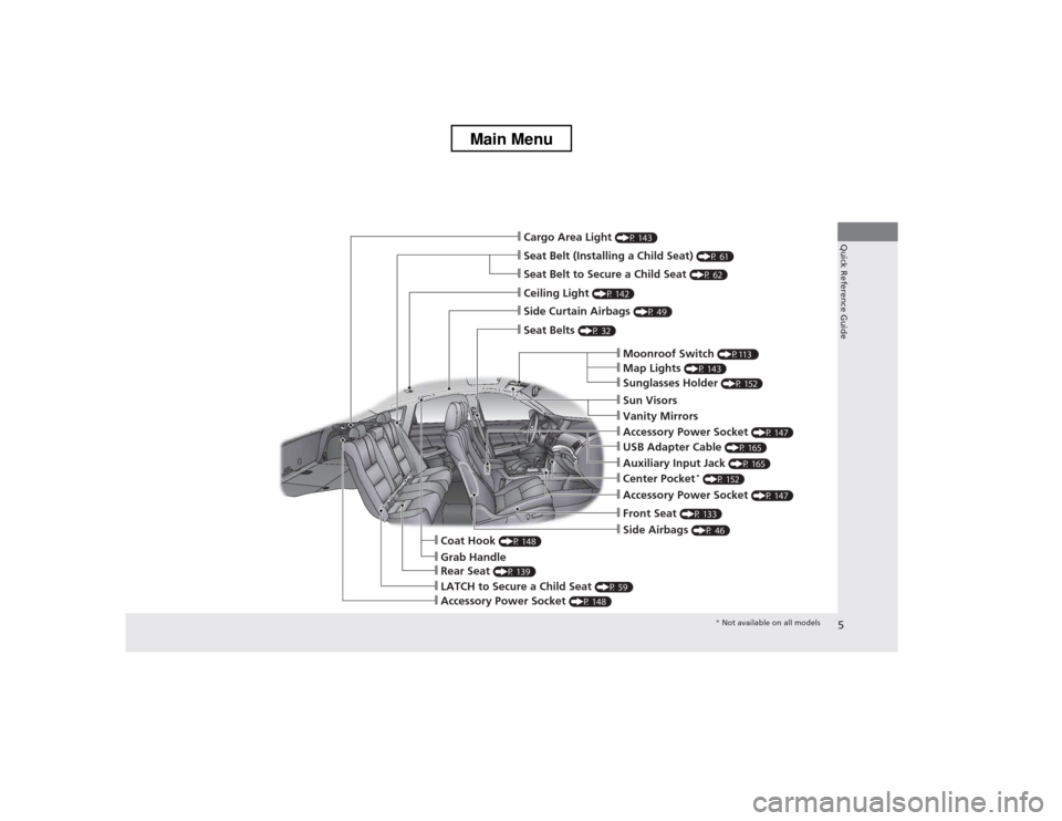 HONDA CROSSTOUR 2013 1.G Owners Manual 5
Quick Reference Guide
❙Seat Belt (Installing a Child Seat) (P 61)
❙Moonroof Switch (P113 )
❙Map Lights (P 143)
❙Front Seat (P 133)
❙Seat Belts (P 32)
❙Side Airbags (P 46)
❙LATCH to Se HONDA CROSSTOUR 2013 1.G Owners Manual 5
Quick Reference Guide
❙Seat Belt (Installing a Child Seat) (P 61)
❙Moonroof Switch (P113 )
❙Map Lights (P 143)
❙Front Seat (P 133)
❙Seat Belts (P 32)
❙Side Airbags (P 46)
❙LATCH to Se