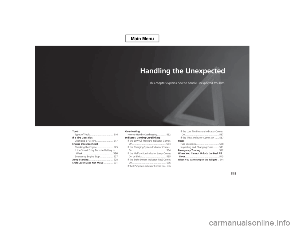HONDA CROSSTOUR 2013 1.G Owners Manual 515
Handling the UnexpectedThis chapter explains how to h andle unexpected troubles.
Tools
Types of Tools .................................. 516
If a Tire Goes Flat Changing a Flat Tire ..............