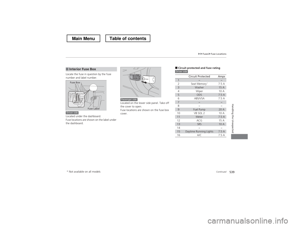 HONDA CROSSTOUR 2013 1.G Owners Manual 539
uuFusesuFuse Locations
Continued
Handling the Unexpected
Locate the fuse in question by the fuse
number and label number.
Located under the dashboard.
Fuse locations are shown on the label und HONDA CROSSTOUR 2013 1.G Owners Manual 539
uuFusesuFuse Locations
Continued
Handling the Unexpected
Locate the fuse in question by the fuse
number and label number.
Located under the dashboard.
Fuse locations are shown on the label und