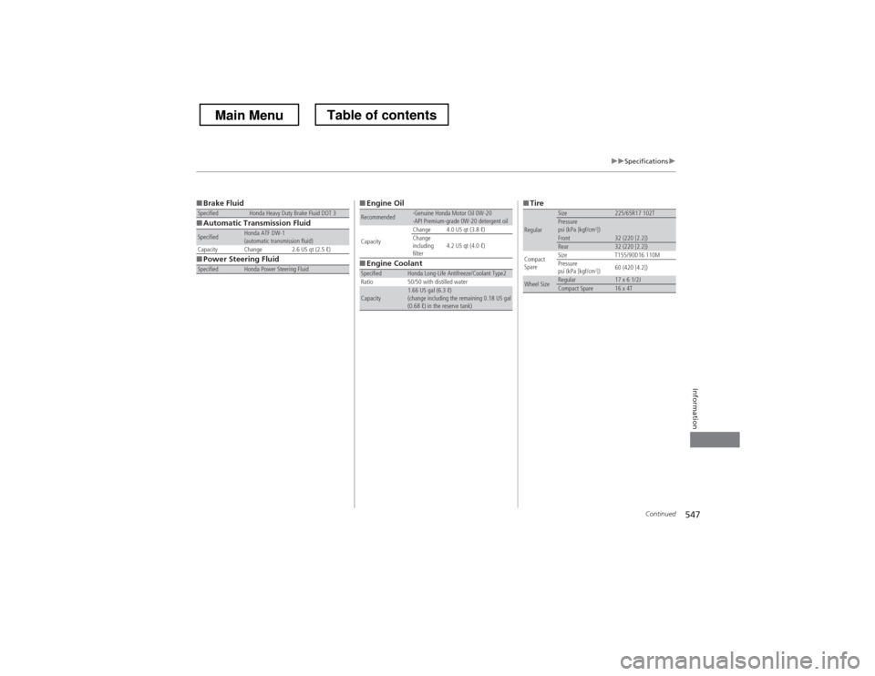 HONDA CROSSTOUR 2013 1.G Owners Manual 547
uuSpecificationsu
Continued
Information
■Brake Fluid
■Automatic Transmission Fluid
■Power Steering Fluid
SpecifiedHonda Heavy Duty Brake Fluid DOT 3
SpecifiedHonda ATF DW-1 
(automatic trans