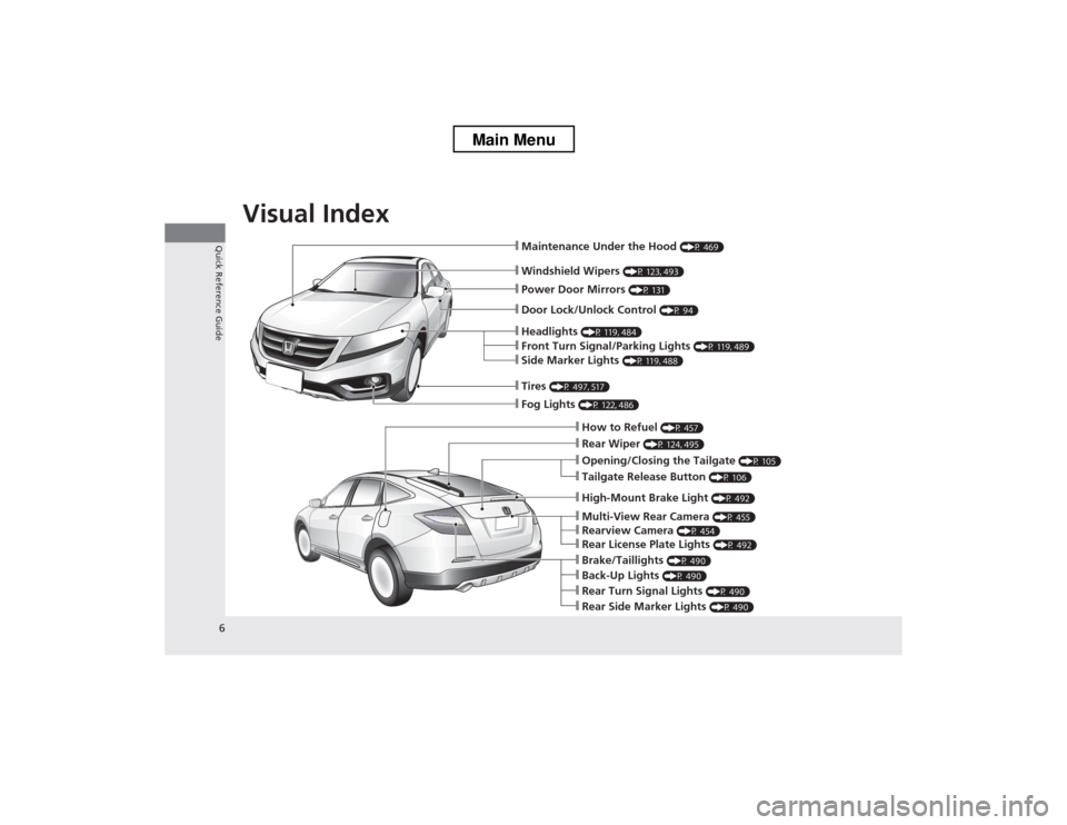 HONDA CROSSTOUR 2013 1.G Owners Manual Visual Index
6
Quick Reference Guide
❙Windshield Wipers (P 123, 493)
❙Maintenance Under the Hood (P 469)
❙Fog Lights (P 122, 486)
❙Front Turn Signal/Parking Lights (P 119, 489)
❙Side Mark HONDA CROSSTOUR 2013 1.G Owners Manual Visual Index
6
Quick Reference Guide
❙Windshield Wipers (P 123, 493)
❙Maintenance Under the Hood (P 469)
❙Fog Lights (P 122, 486)
❙Front Turn Signal/Parking Lights (P 119, 489)
❙Side Mark