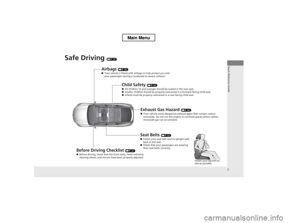 HONDA CROSSTOUR 2013 1.G Owners Manual 7
Quick Reference Guide
Safe Driving (P 27)
Airbags (P 39)
● Your vehicle is fitted with airbags to help protect you and  
your passengers during a moderate-to-severe collision.
Child Safety  (P 54)