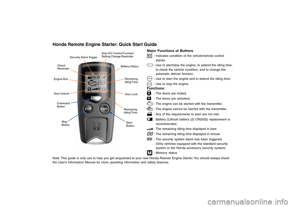 HONDA CROSSTOUR 2013 1.G Remote Engine Starter Guide Honda Remote Engine Starter: Quick Start GuideNote: This guide is only use to help you get acquainted to your new Honda Remote Engine Starter. You should always check
the User’s Information Manual f HONDA CROSSTOUR 2013 1.G Remote Engine Starter Guide Honda Remote Engine Starter: Quick Start GuideNote: This guide is only use to help you get acquainted to your new Honda Remote Engine Starter. You should always check
the User’s Information Manual f