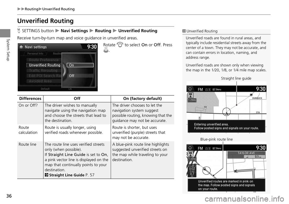 HONDA CROSSTOUR 2014 1.G Navigation Manual 36
RoutingUnverified Routing
System Setup
Unverified Routing
HSETTINGS button Navi Settings Routing Unverified Routing
Receive turn-by-turn map and voice guidance in unverified a HONDA CROSSTOUR 2014 1.G Navigation Manual 36
RoutingUnverified Routing
System Setup
Unverified Routing
HSETTINGS button Navi Settings Routing Unverified Routing
Receive turn-by-turn map and voice guidance in unverified a