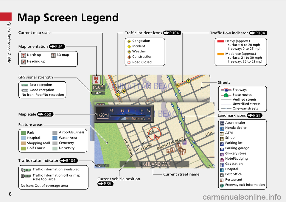 HONDA CROSSTOUR 2014 1.G Navigation Manual 8
Quick Reference GuideMap Screen Legend
Map orientation (P56)
GPS signal strength
North up
Heading up Best reception
Good reception
No icon: Poor/No reception
Traffic status indicator  (P104)
Traffic