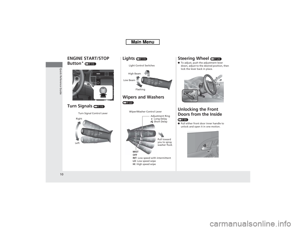 HONDA CROSSTOUR 2014 1.G Owners Manual 10Quick Reference Guide
ENGINE START/STOP 
Button
* (P115 )
Turn Signals 
(P119)
Turn Signal Control Lever
Right
Left
Lights 
(P119)
Wipers and Washers (P123)
Light Control Switches
Low BeamHigh Beam

