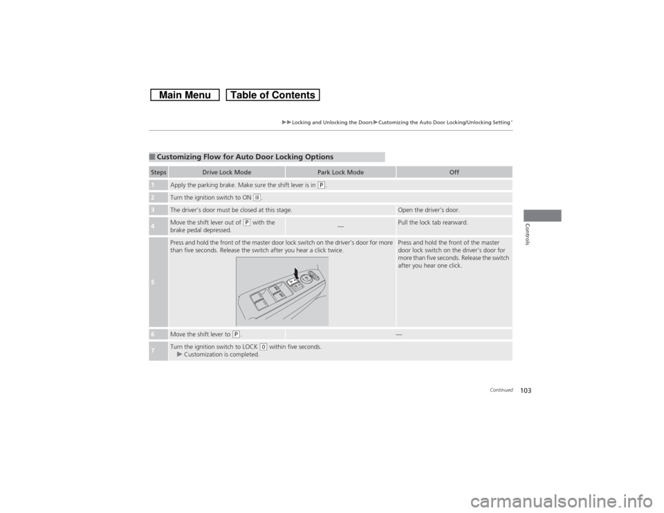 HONDA CROSSTOUR 2014 1.G Owners Manual 103
uuLocking and Unlocking the DoorsuCustomizing the Auto Door Locking/Unlocking Setting
*
Continued
Controls
■Customizing Flow for Auto Door Locking OptionsSteps
Drive Lock Mode
Park Lock Mode
Off